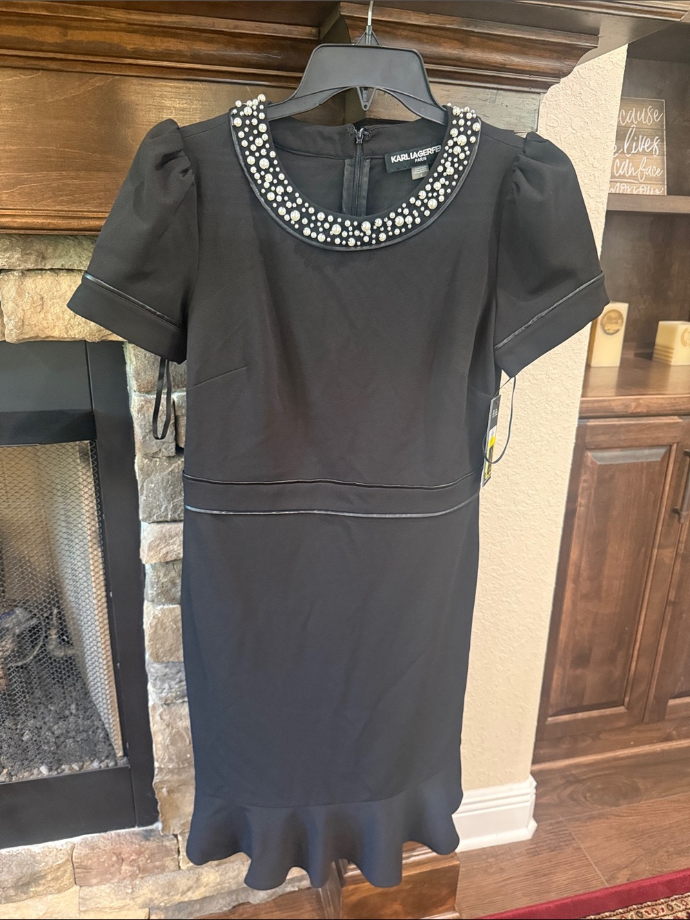 Karl Lagerfeld Black Midi Dress with Pearl-Embellished Collar